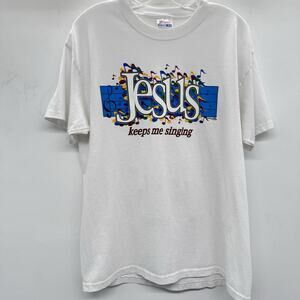 VTG 2000 Hanes Heavyweight 50/50 "Jesus Keeps Me Singing" T-Shirt Mens L White